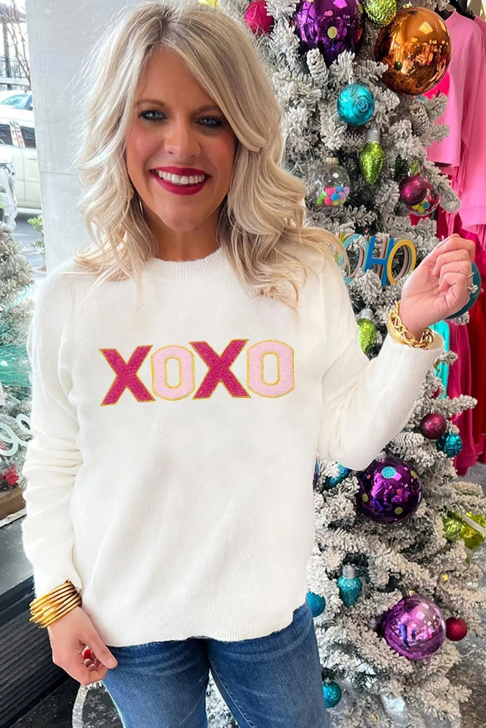 LEMAFER Women 2024 Merry Christmas Round Neck Sequin Letters Sweater Casual Solid Slogan Long Sleeve Pullover Sweatshirt Tops