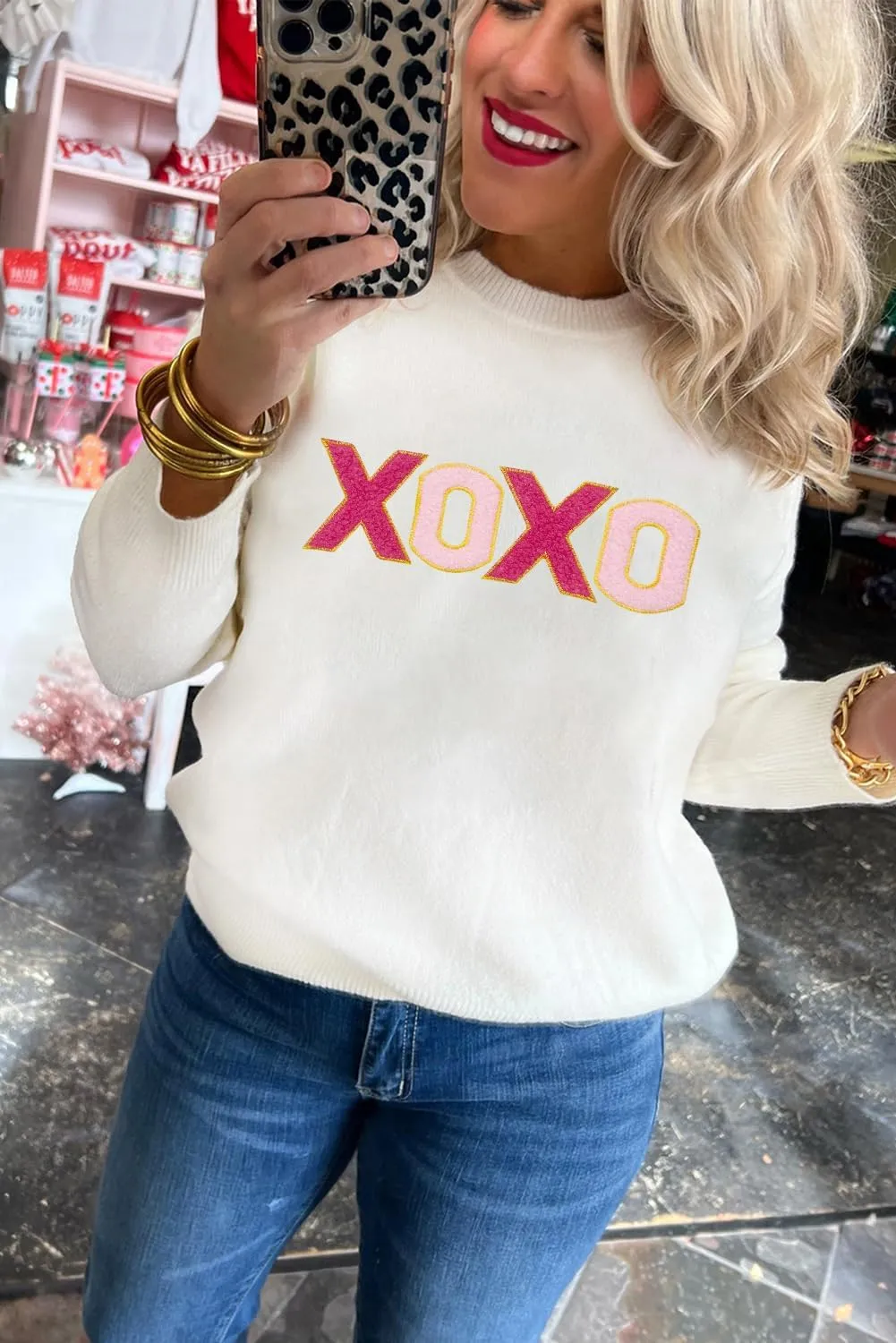 LEMAFER Women 2024 Merry Christmas Round Neck Sequin Letters Sweater Casual Solid Slogan Long Sleeve Pullover Sweatshirt Tops