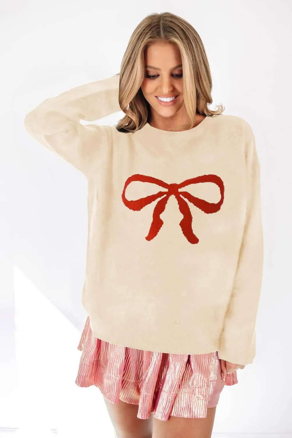 LEMAFER Women 2024 Merry Christmas Round Neck Sequin Letters Sweater Casual Solid Slogan Long Sleeve Pullover Sweatshirt Tops