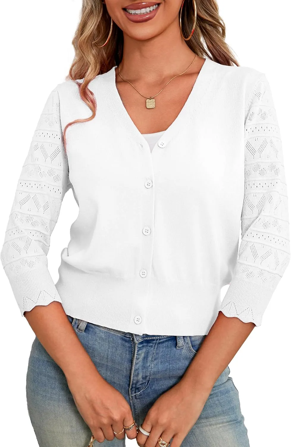 LIENRIDY Women's Crochet Cropped Cardigans Sweaters 3/4 Sleeve Open Front Bolero Shrugs, S-XL
