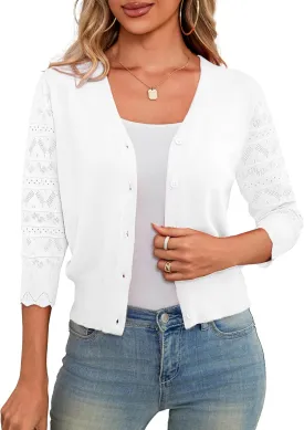 LIENRIDY Women's Crochet Cropped Cardigans Sweaters 3/4 Sleeve Open Front Bolero Shrugs, S-XL