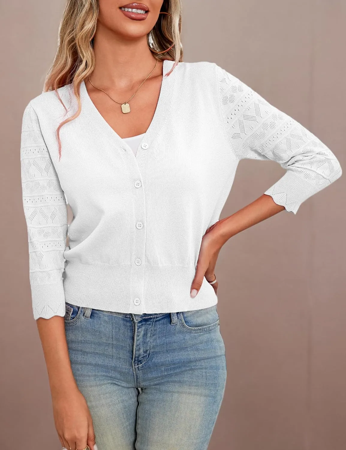 LIENRIDY Women's Crochet Cropped Cardigans Sweaters 3/4 Sleeve Open Front Bolero Shrugs, S-XL