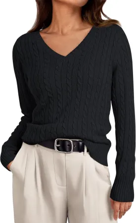 LILLUSORY Women's Cable Knit V Neck Lightweight Soft Pullover Sweaters
