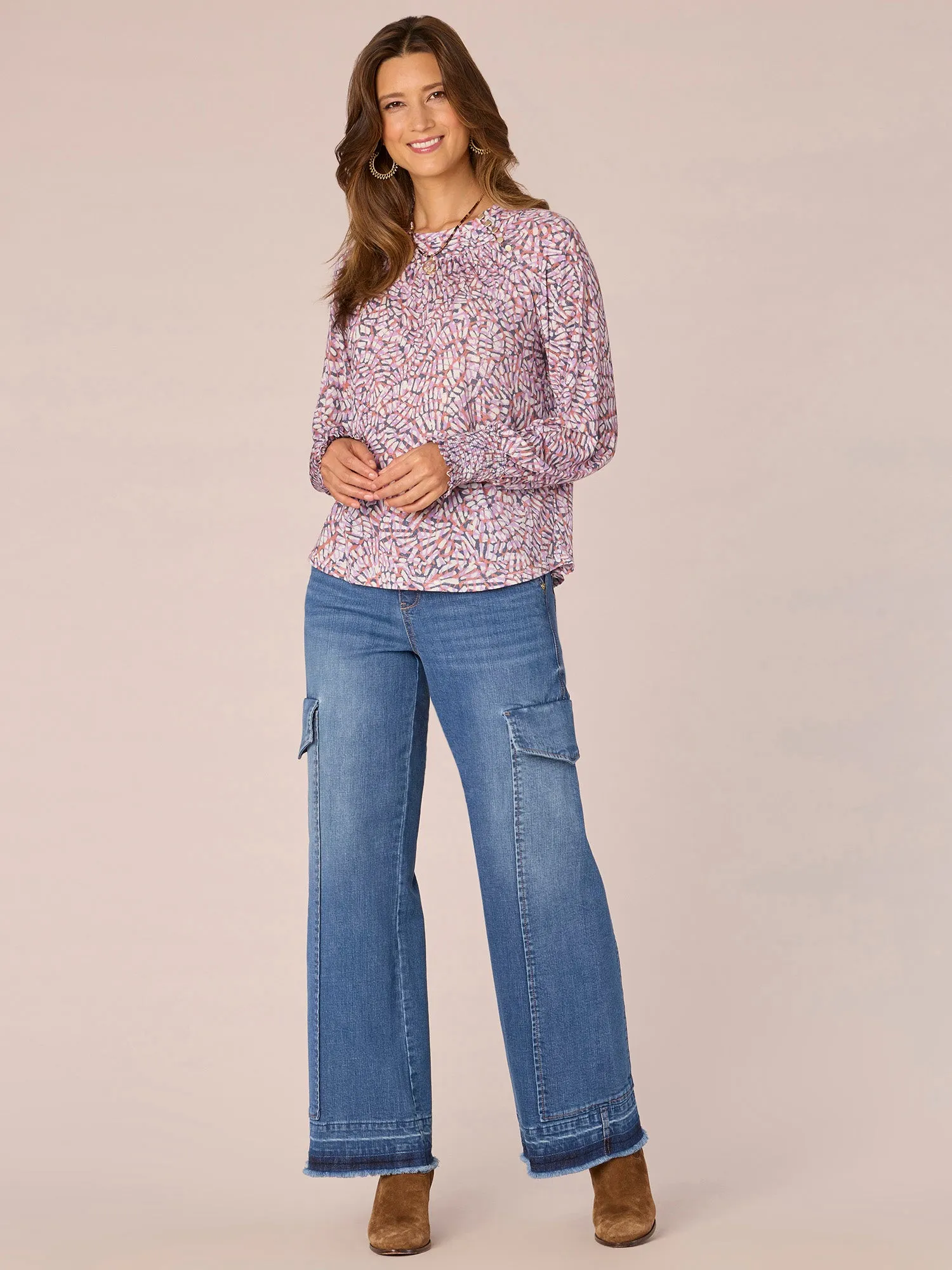 Long Blouson Sleeve Crew Neck Button Placket Printed Knit Top
