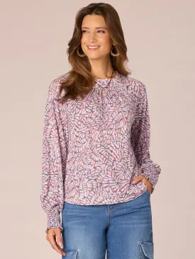 Long Blouson Sleeve Crew Neck Button Placket Printed Knit Top