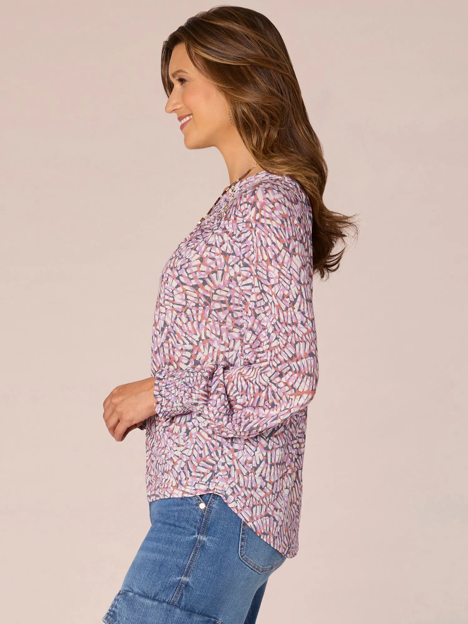 Long Blouson Sleeve Crew Neck Button Placket Printed Knit Top