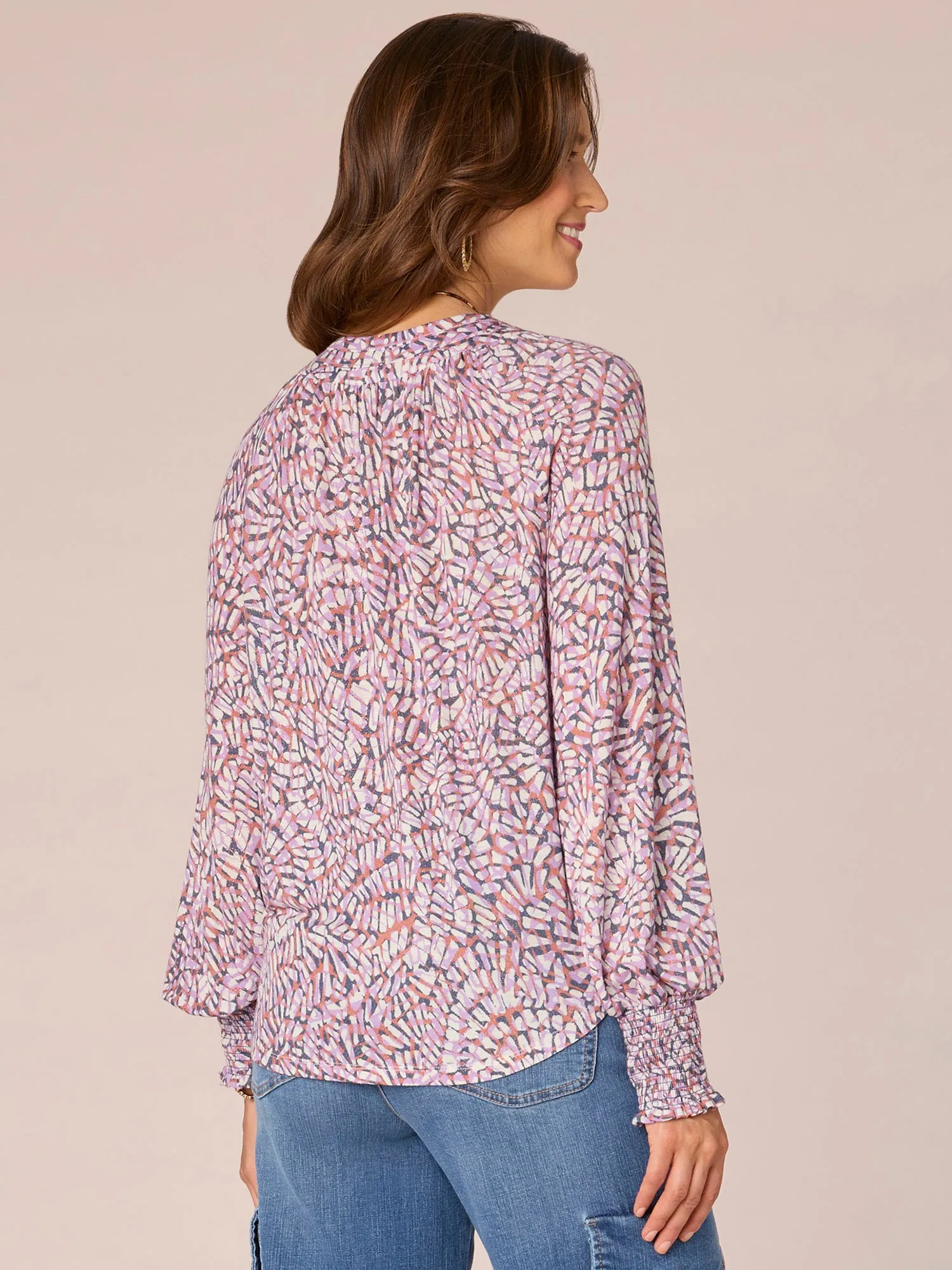 Long Blouson Sleeve Crew Neck Button Placket Printed Knit Top