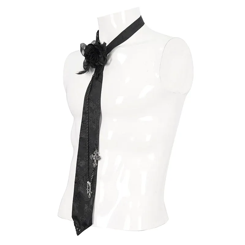 Men's Gothic Rose Feather Necktie with Cross Chain