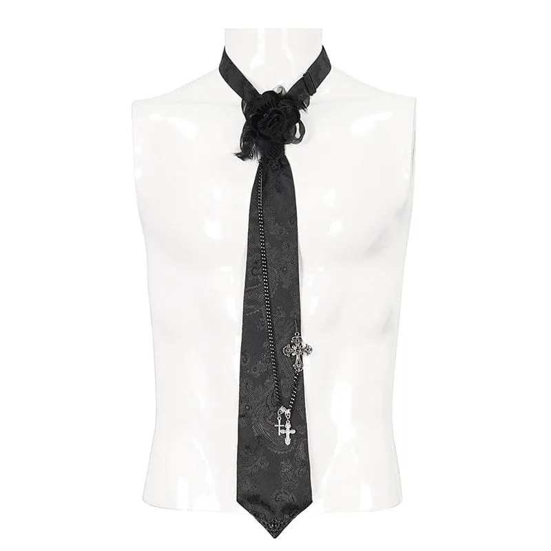 Men's Gothic Rose Feather Necktie with Cross Chain