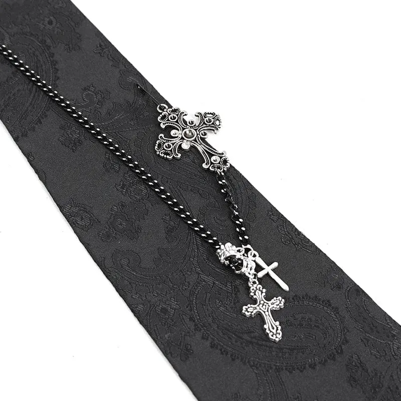 Men's Gothic Rose Feather Necktie with Cross Chain
