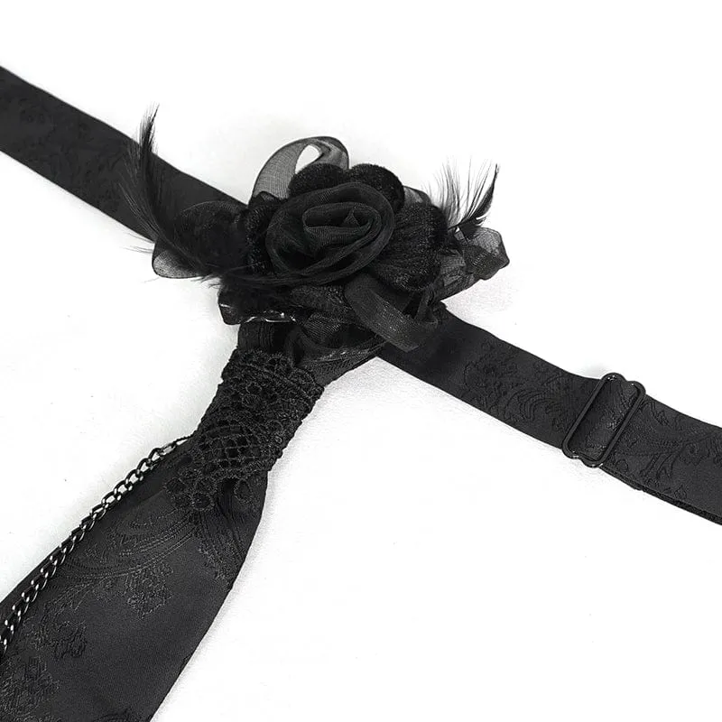 Men's Gothic Rose Feather Necktie with Cross Chain
