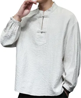Men's Spring Retro Chinese Style Tang Suit Linen Stand Collar Frog Button Shirt