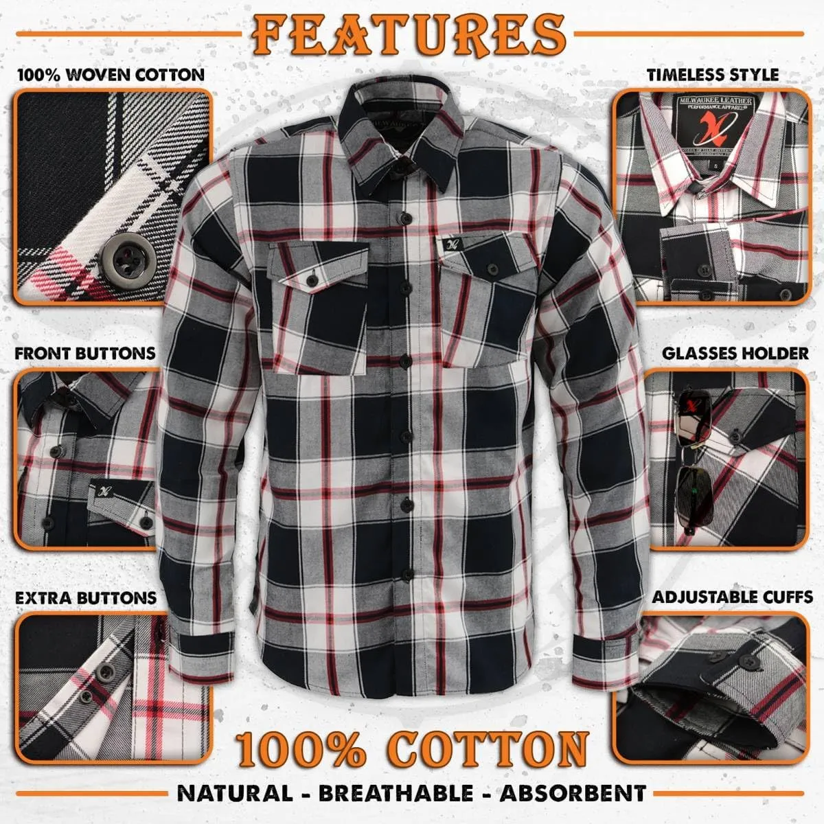 Milwaukee Leather Mens Casual Cotton Flannel Plaid Long Sleeve Button Down Cotton Shirts
