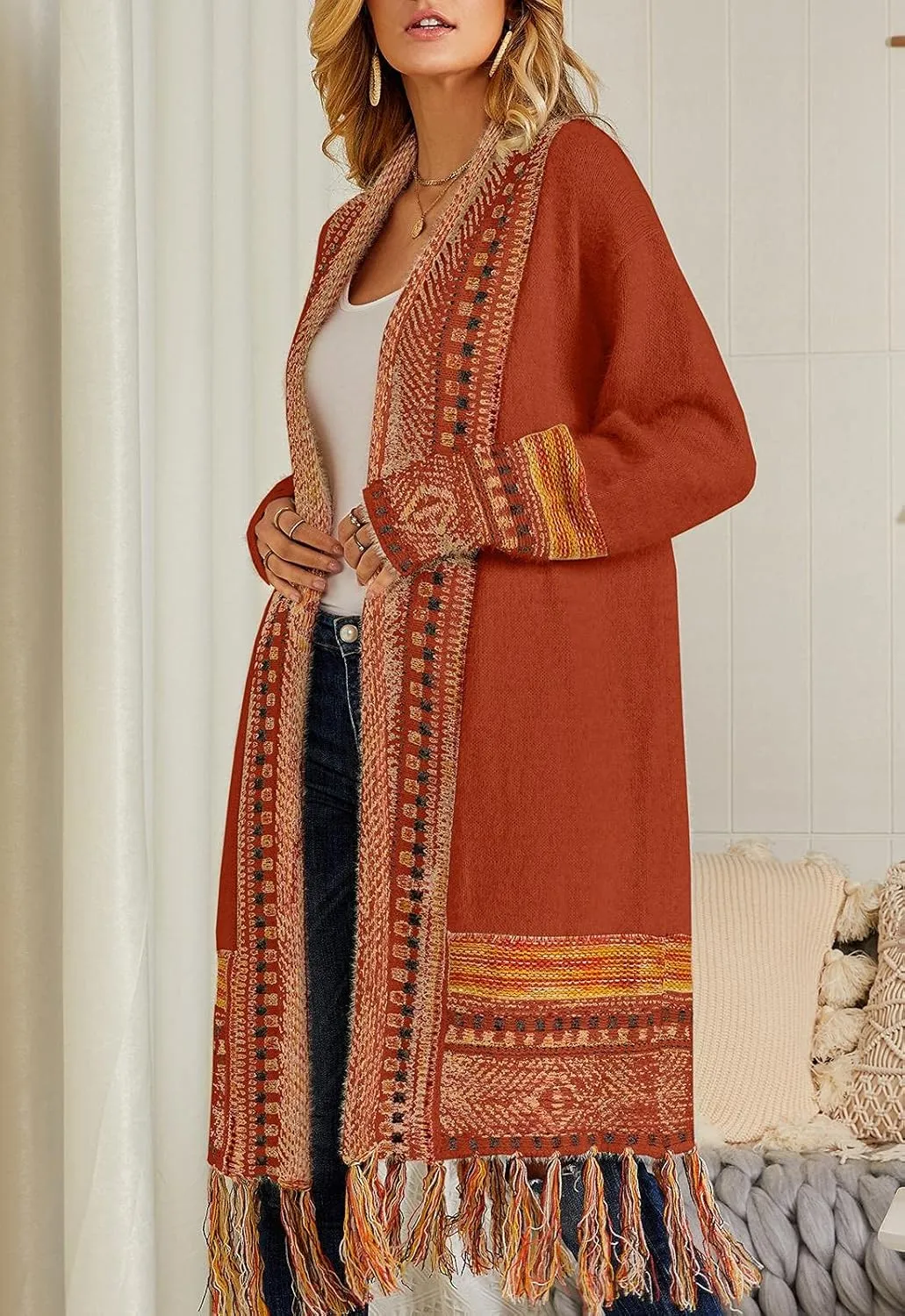 Misassy Womens Boho Open Front Long Cardigans Sweater Loose Long Sleeve Embroidery Tassels Kimono Duster Outwear