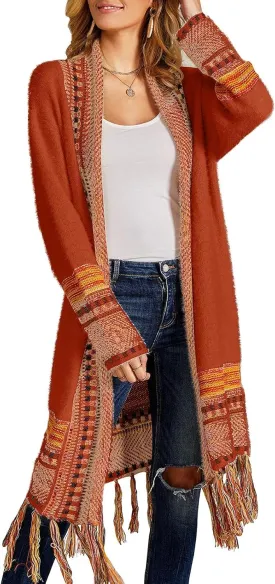 Misassy Womens Boho Open Front Long Cardigans Sweater Loose Long Sleeve Embroidery Tassels Kimono Duster Outwear