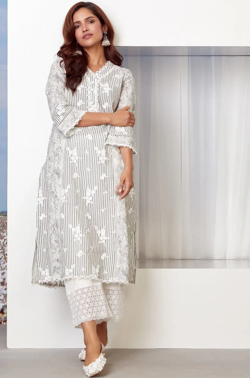 Mulmul Cotton Carnaby Kurta Off White With Lina Palazzo