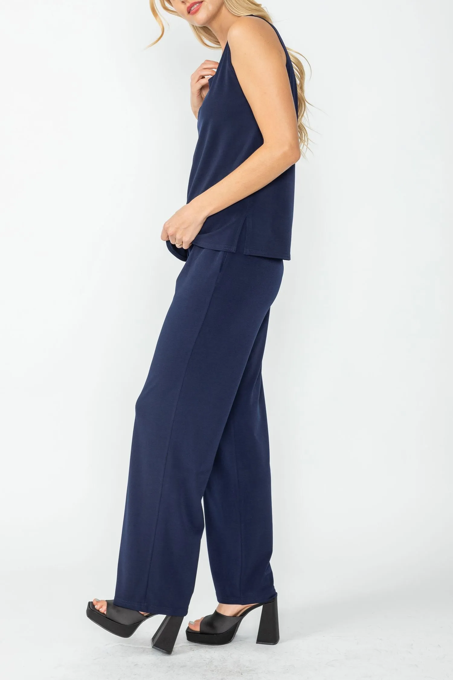 Navy Wide Leg Long Pants & Scoop Neck Tank Top