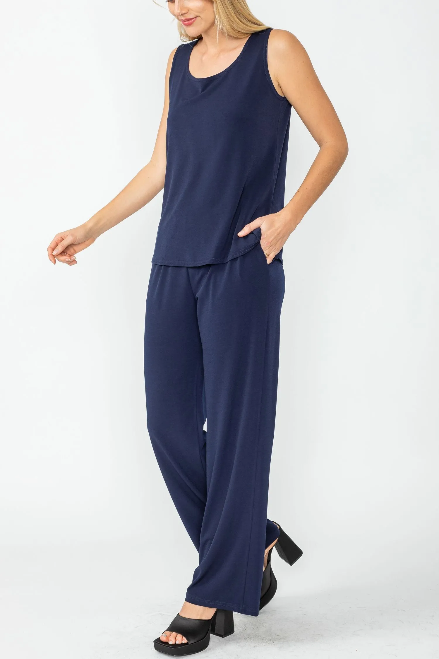 Navy Wide Leg Long Pants & Scoop Neck Tank Top