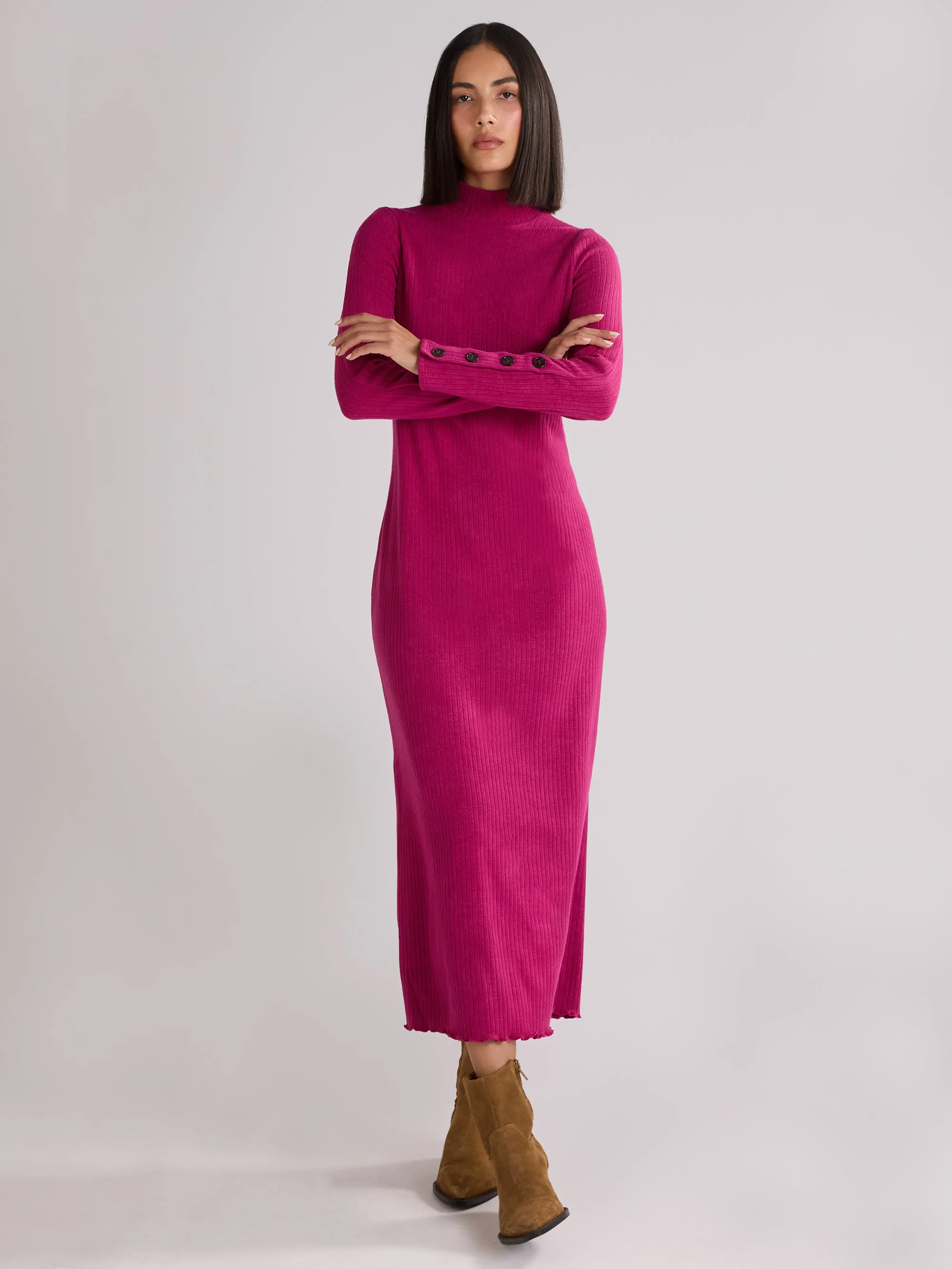 Petite Pink Rib Knit High Neck Dress