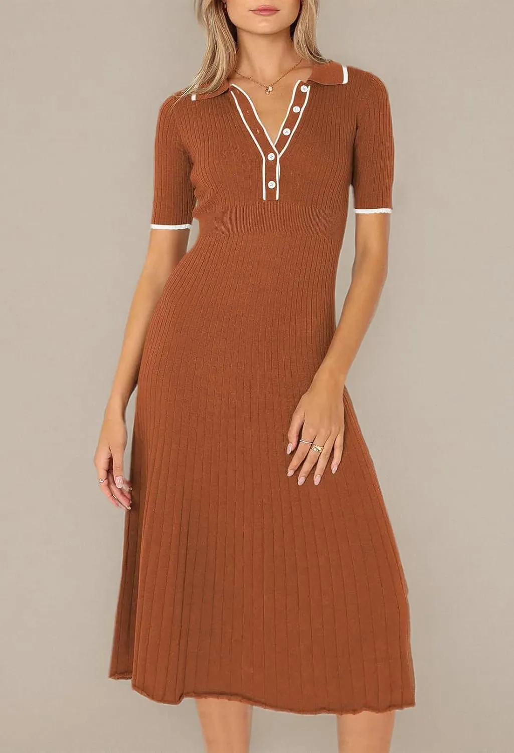 Pink Queen Women's Polo V Neck Short Sleeve Elegant High Waisted Bodycon Ribbed Swing Knit Midi Dresses