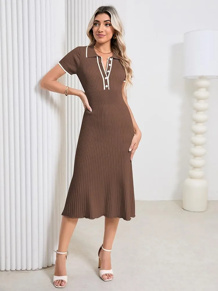 Pink Queen Women's Polo V Neck Short Sleeve Elegant High Waisted Bodycon Ribbed Swing Knit Midi Dresses
