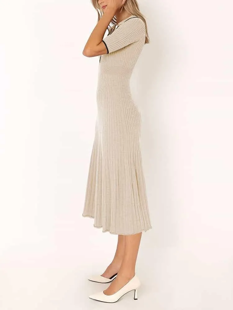 Pink Queen Women's Polo V Neck Short Sleeve Elegant High Waisted Bodycon Ribbed Swing Knit Midi Dresses