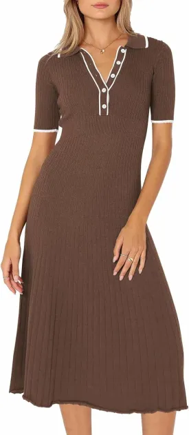 Pink Queen Women's Polo V Neck Short Sleeve Elegant High Waisted Bodycon Ribbed Swing Knit Midi Dresses