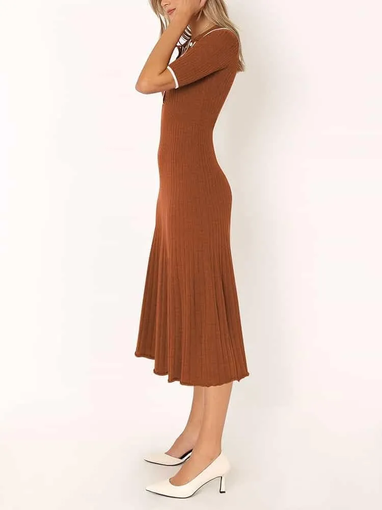 Pink Queen Women's Polo V Neck Short Sleeve Elegant High Waisted Bodycon Ribbed Swing Knit Midi Dresses