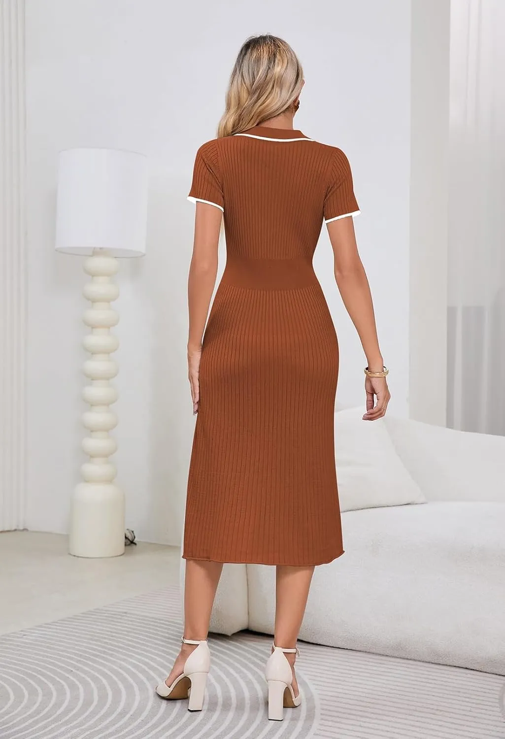 Pink Queen Women's Polo V Neck Short Sleeve Elegant High Waisted Bodycon Ribbed Swing Knit Midi Dresses