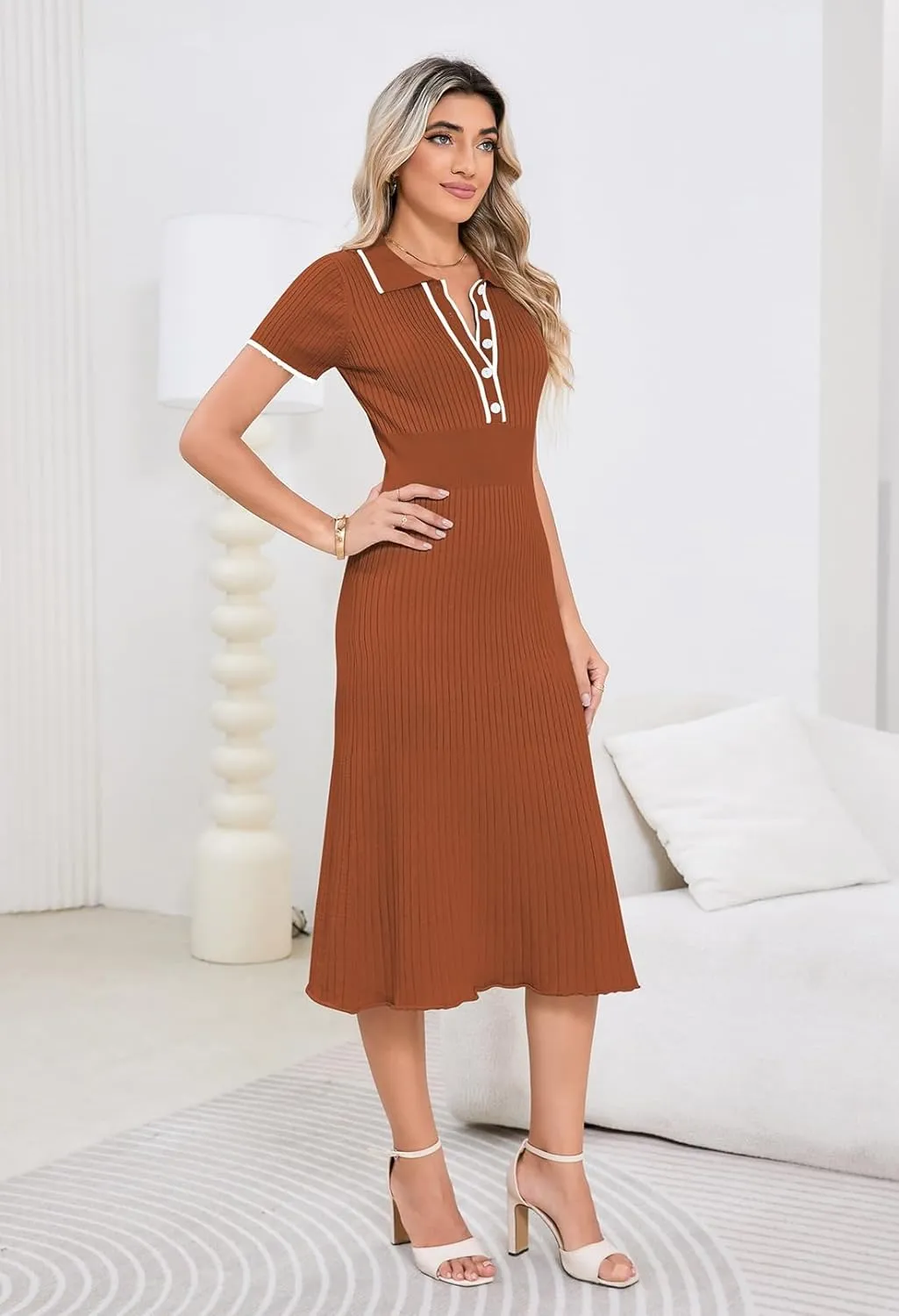 Pink Queen Women's Polo V Neck Short Sleeve Elegant High Waisted Bodycon Ribbed Swing Knit Midi Dresses