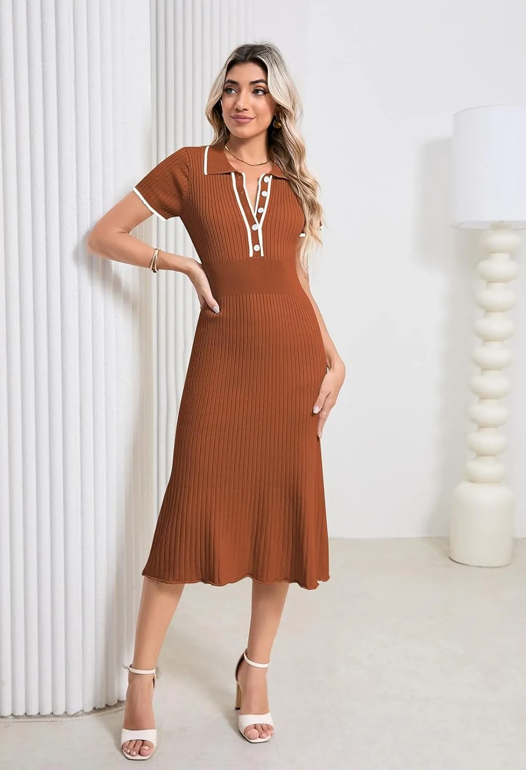 Pink Queen Women's Polo V Neck Short Sleeve Elegant High Waisted Bodycon Ribbed Swing Knit Midi Dresses