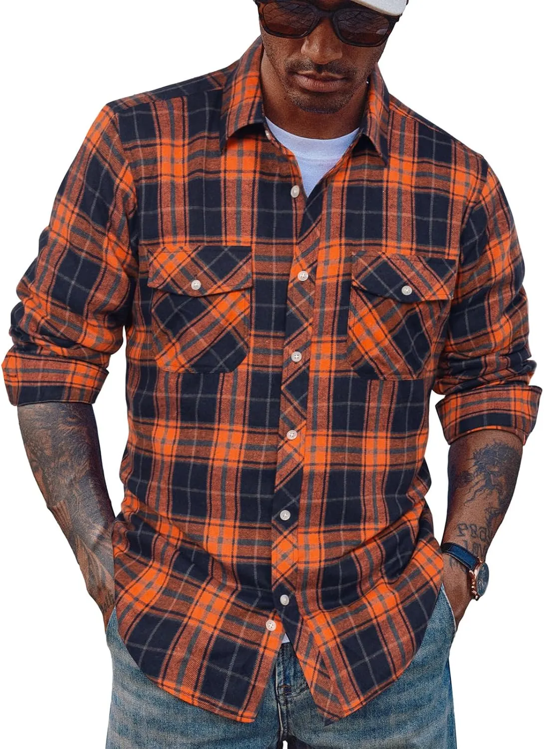 PJ PAUL JONES Mens Flannel Plaid Shirt Casual Long Sleeve Button Down Shirts with Pockets