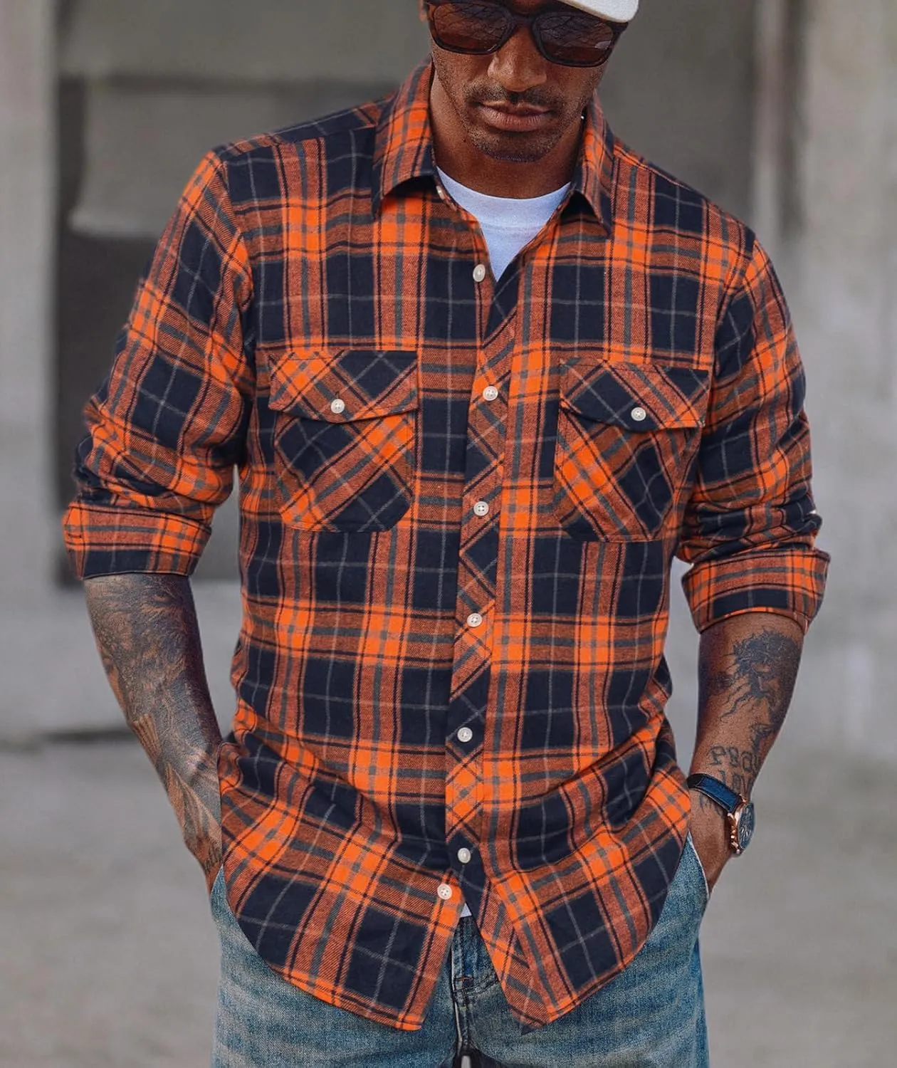PJ PAUL JONES Mens Flannel Plaid Shirt Casual Long Sleeve Button Down Shirts with Pockets