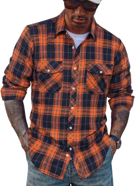 PJ PAUL JONES Mens Flannel Plaid Shirt Casual Long Sleeve Button Down Shirts with Pockets