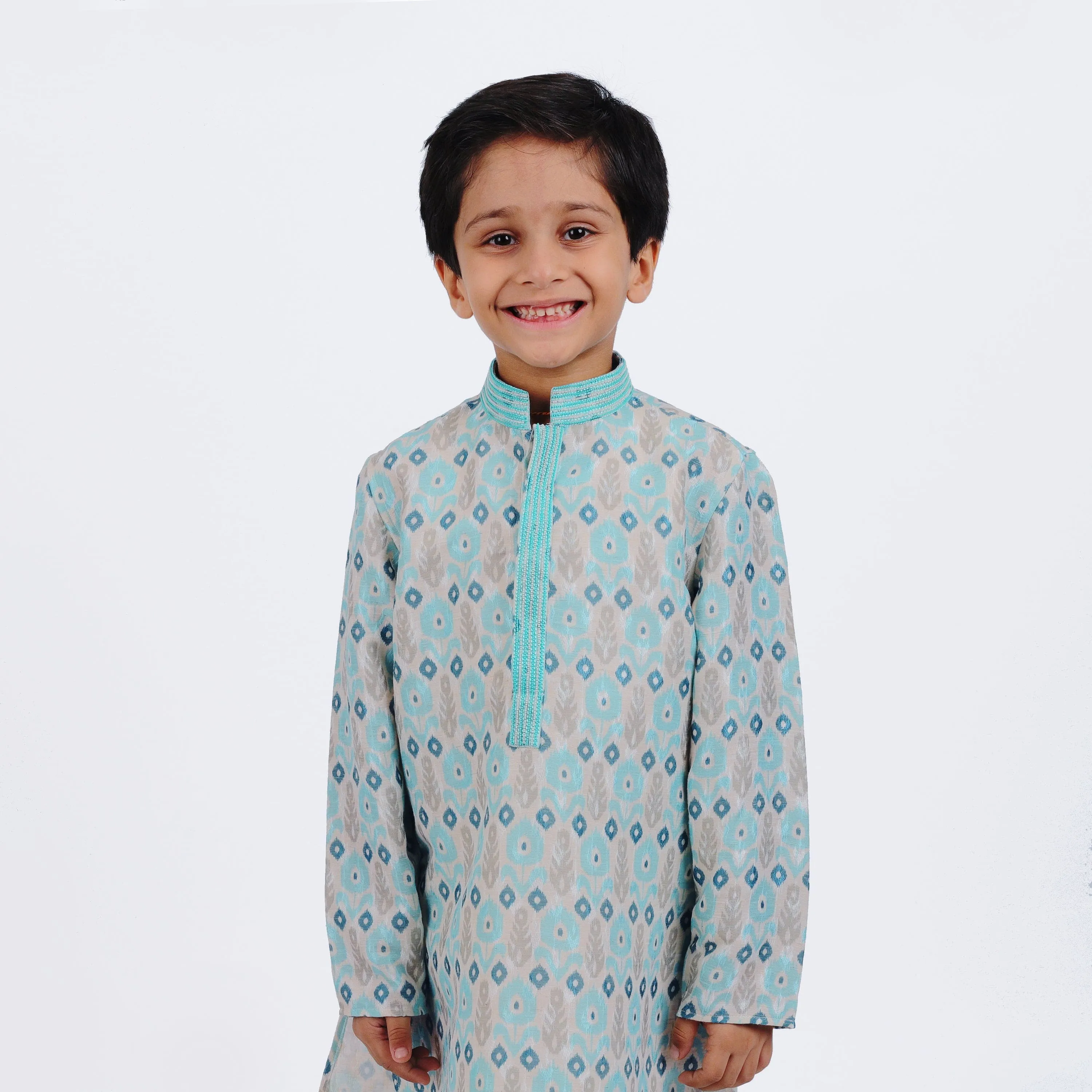 Pre-Order : BLUE PATTERN KURTA WITH WHITE PANTS for Boys