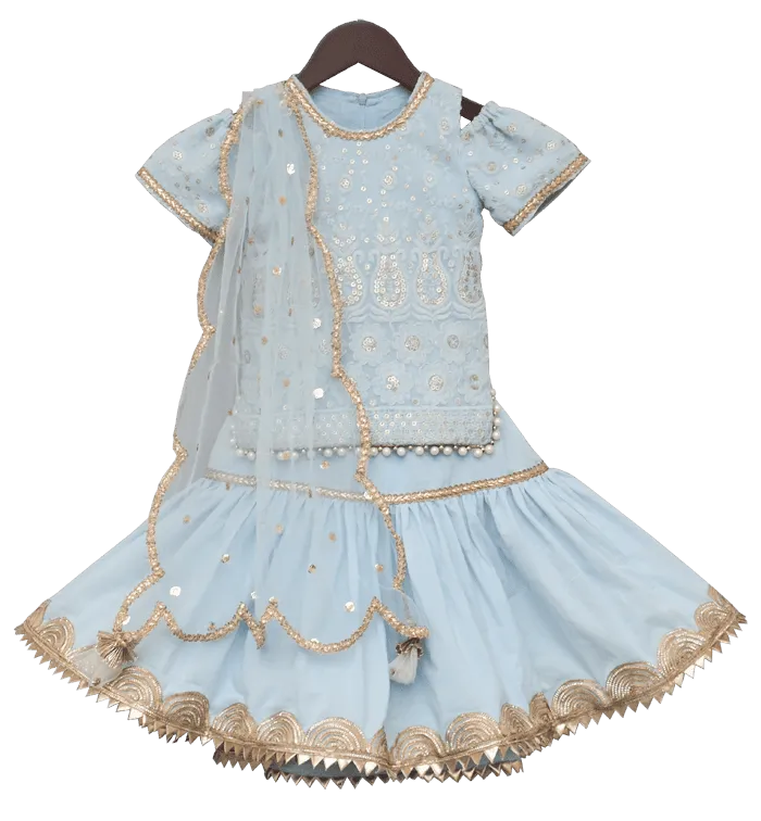 Pre Order: Light Blue Lucknowi Kurti with Lehenga