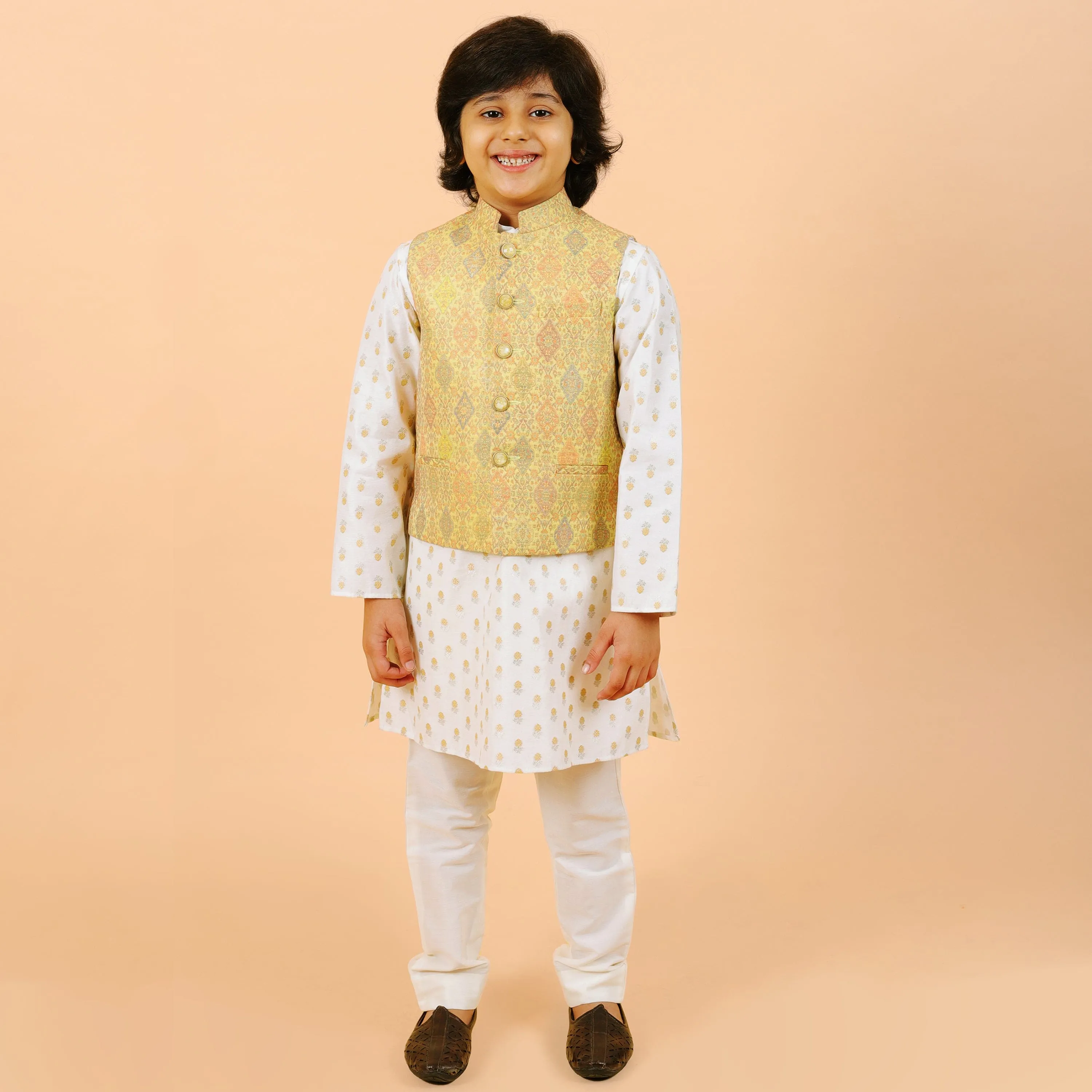 Pre-Order : YELLOW BANDI WITH OFF WHITE KURTA SET WITH GOLDEN WORK SET  for Boys