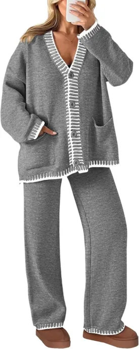 PRETTYGARDEN Women's 2 Piece Outfits Knit Matching Lounge Sets Long Sleeve V Neck Cardigan Sweaters Wide Leg Pants Tracksuits