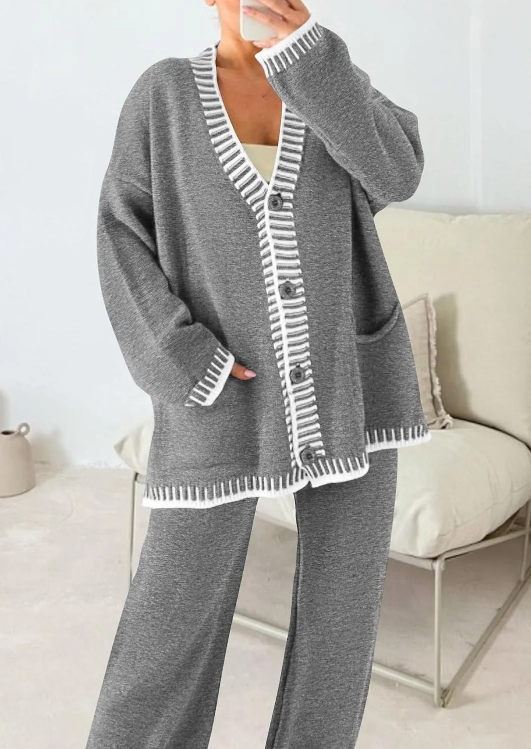 PRETTYGARDEN Women's 2 Piece Outfits Knit Matching Lounge Sets Long Sleeve V Neck Cardigan Sweaters Wide Leg Pants Tracksuits