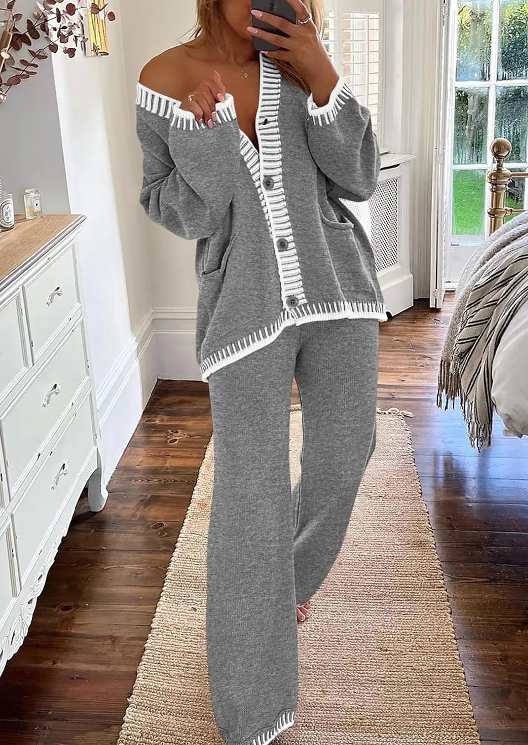 PRETTYGARDEN Women's 2 Piece Outfits Knit Matching Lounge Sets Long Sleeve V Neck Cardigan Sweaters Wide Leg Pants Tracksuits