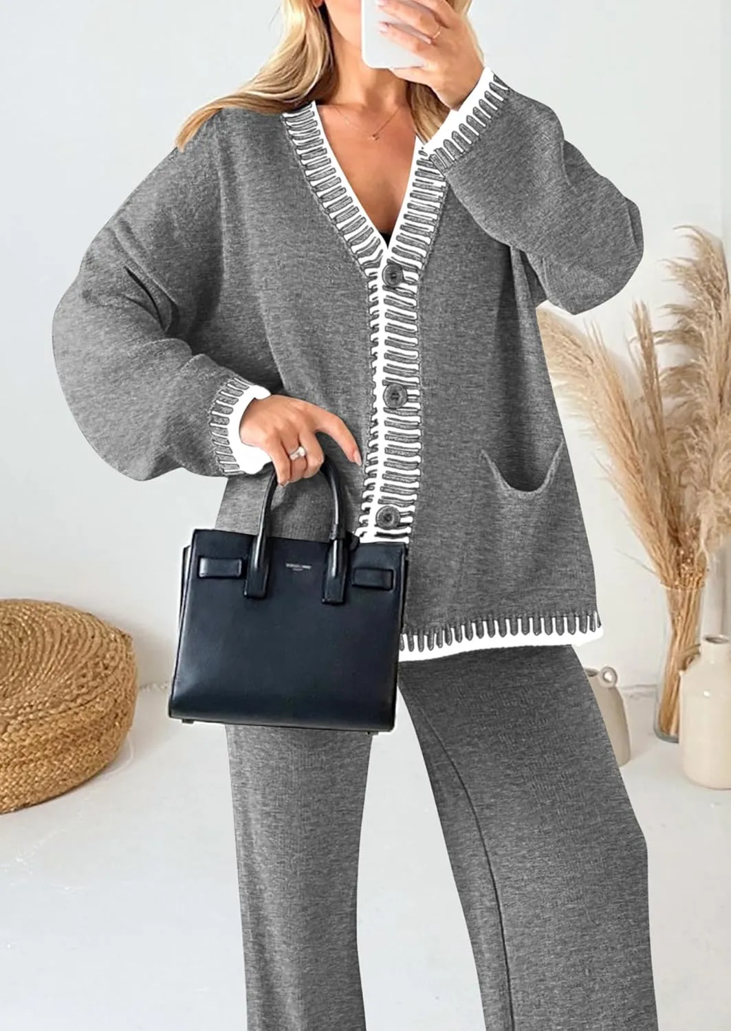 PRETTYGARDEN Women's 2 Piece Outfits Knit Matching Lounge Sets Long Sleeve V Neck Cardigan Sweaters Wide Leg Pants Tracksuits