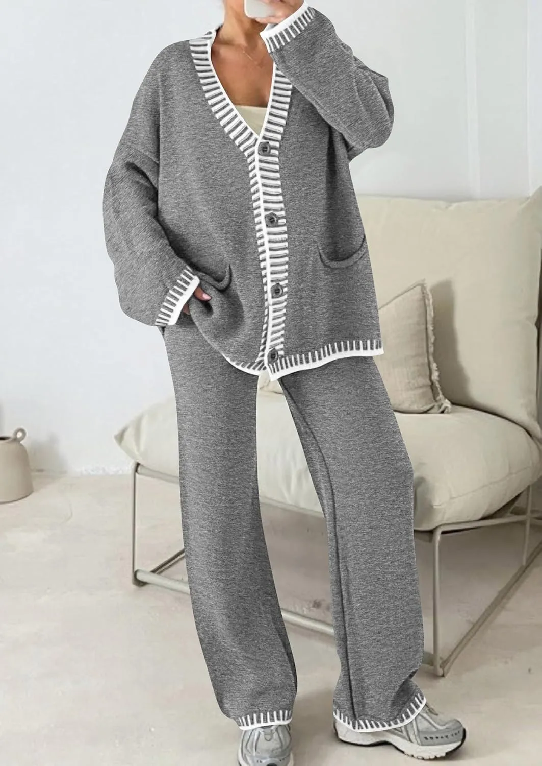 PRETTYGARDEN Women's 2 Piece Outfits Knit Matching Lounge Sets Long Sleeve V Neck Cardigan Sweaters Wide Leg Pants Tracksuits