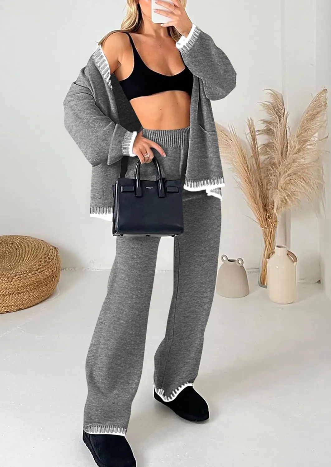 PRETTYGARDEN Women's 2 Piece Outfits Knit Matching Lounge Sets Long Sleeve V Neck Cardigan Sweaters Wide Leg Pants Tracksuits