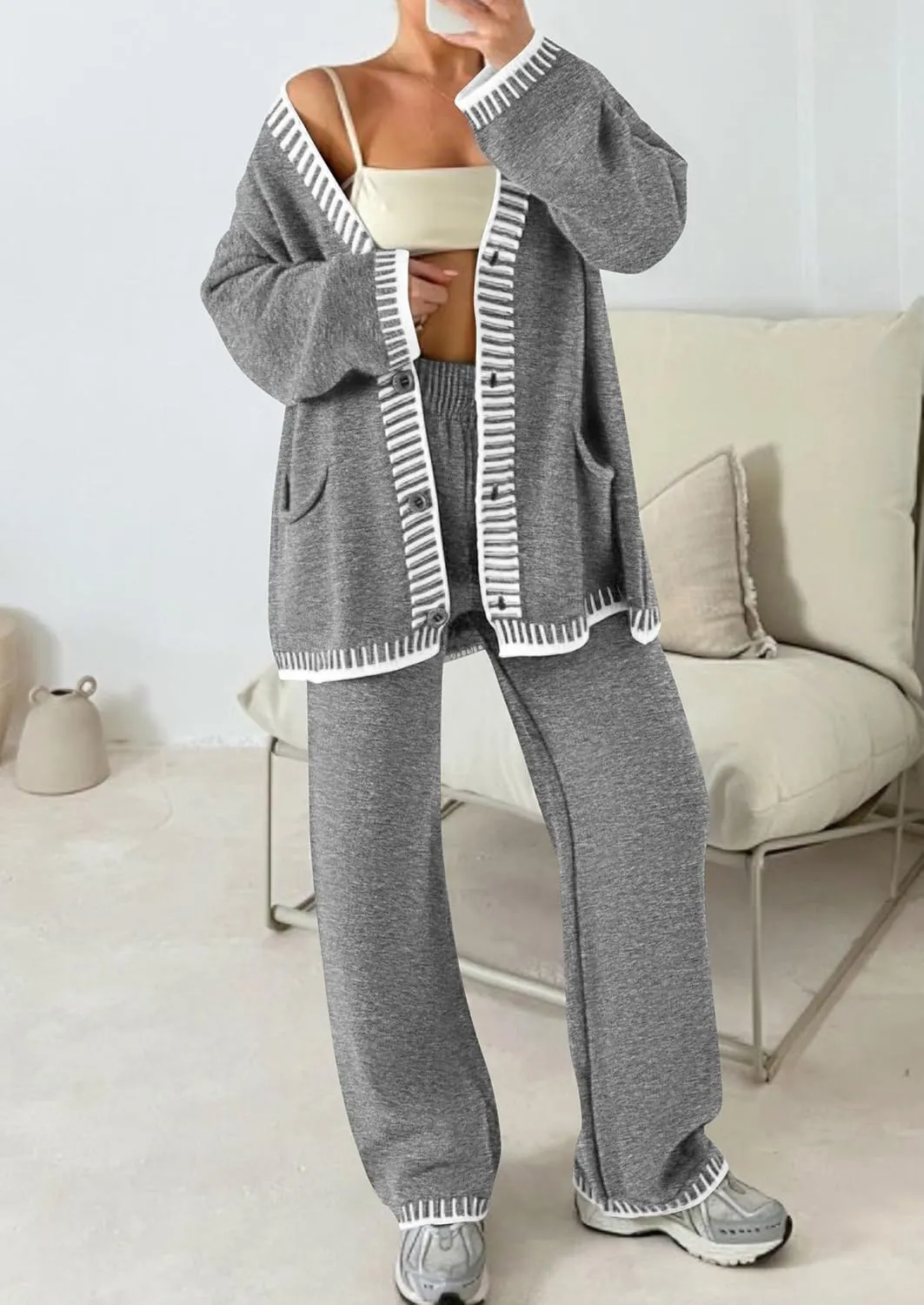 PRETTYGARDEN Women's 2 Piece Outfits Knit Matching Lounge Sets Long Sleeve V Neck Cardigan Sweaters Wide Leg Pants Tracksuits