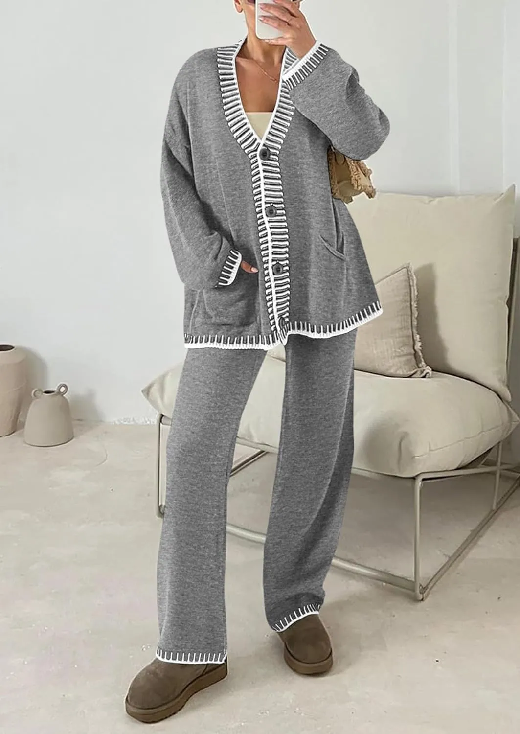 PRETTYGARDEN Women's 2 Piece Outfits Knit Matching Lounge Sets Long Sleeve V Neck Cardigan Sweaters Wide Leg Pants Tracksuits