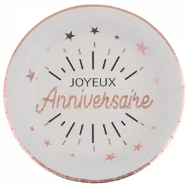 "Joyeux Anniversaire" Birthday Large Lunch Paper Plates, White and Rose Gold, 9 Inches, 10 Count