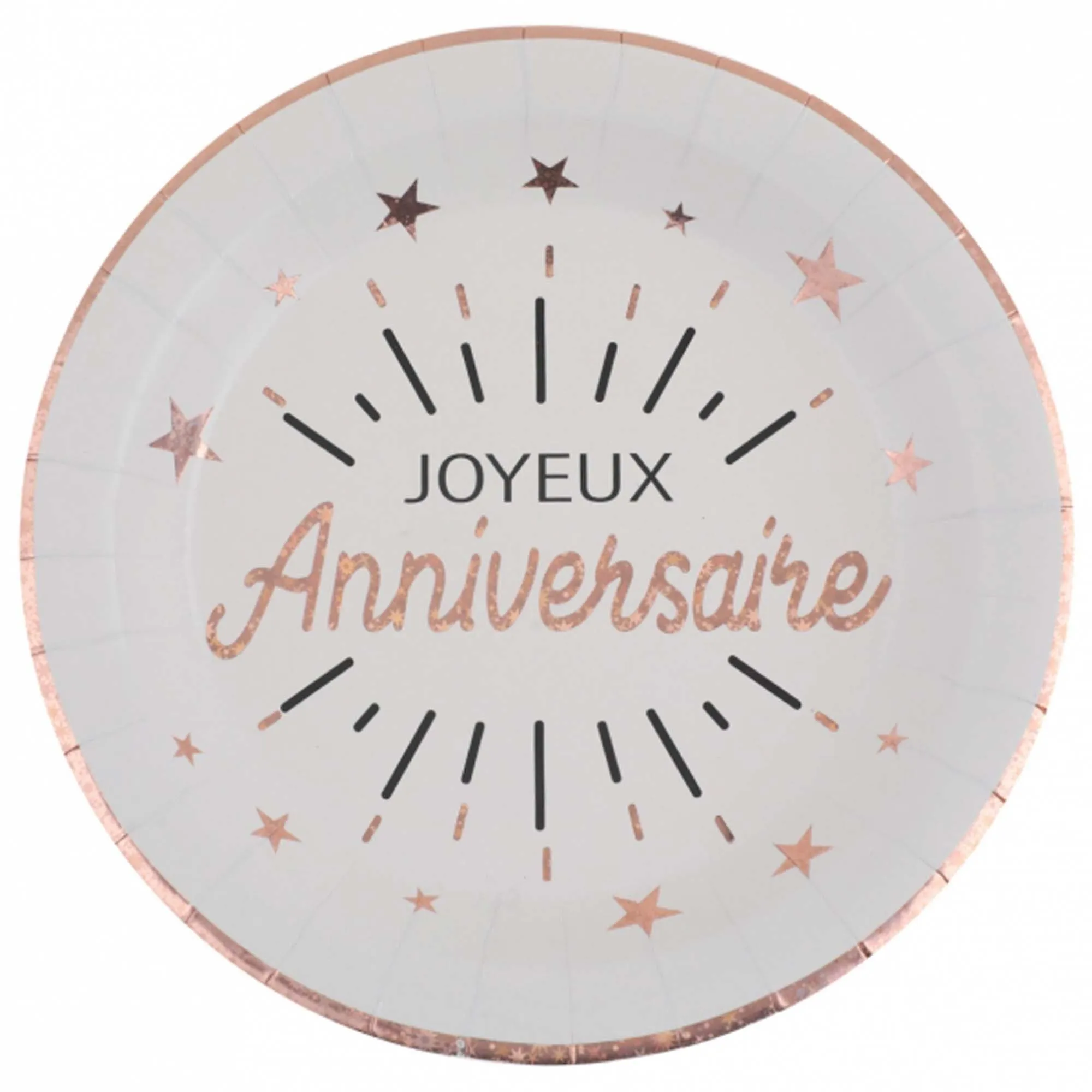 "Joyeux Anniversaire" Birthday Large Lunch Paper Plates, White and Rose Gold, 9 Inches, 10 Count
