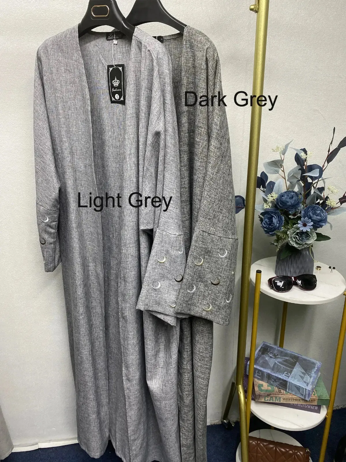 Ramadan Linen Open Abaya - Heart Moon Embroidery Kaftan 2024