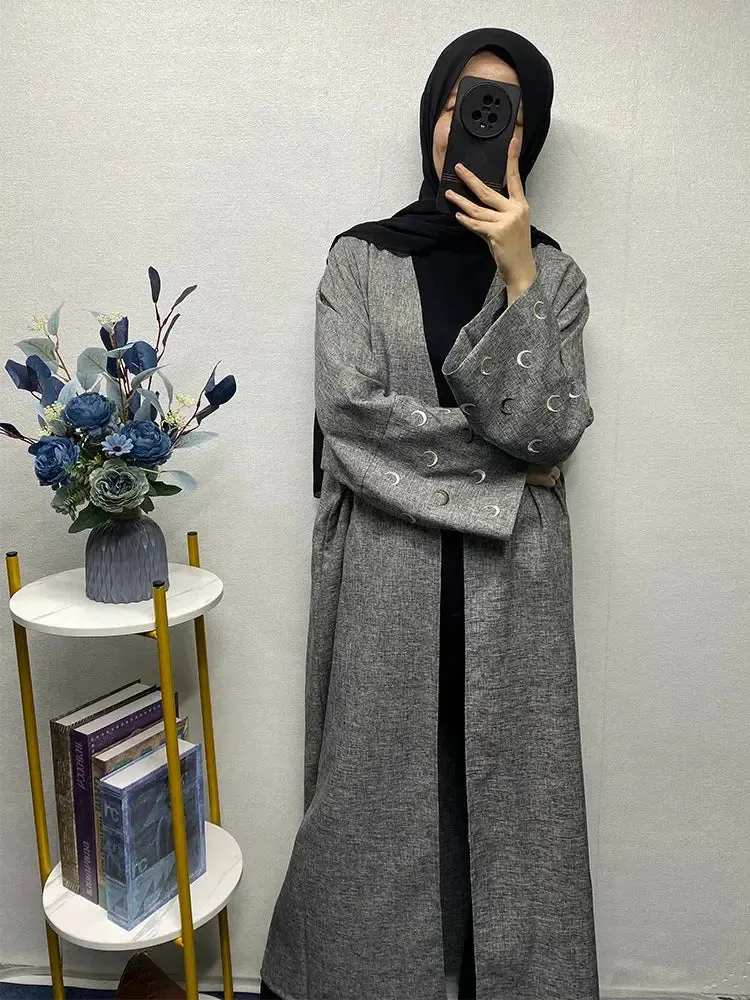 Ramadan Linen Open Abaya - Heart Moon Embroidery Kaftan 2024