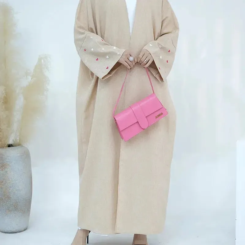 Ramadan Linen Open Abaya - Heart Moon Embroidery Kaftan 2024